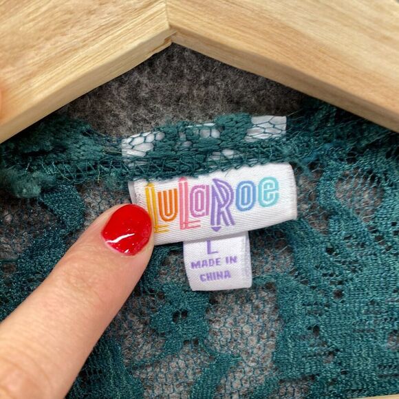 LulaRoe Top Women L Large Blue Floral Crochet Fringe Short Sleeve Open Front - Picture 5 of 9